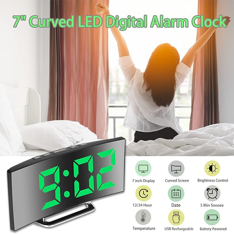 LED デジタル目覚まし時計曲面スクリーンミラー静音電子時計 - Electronics Gadgets For Home のレビューと価格