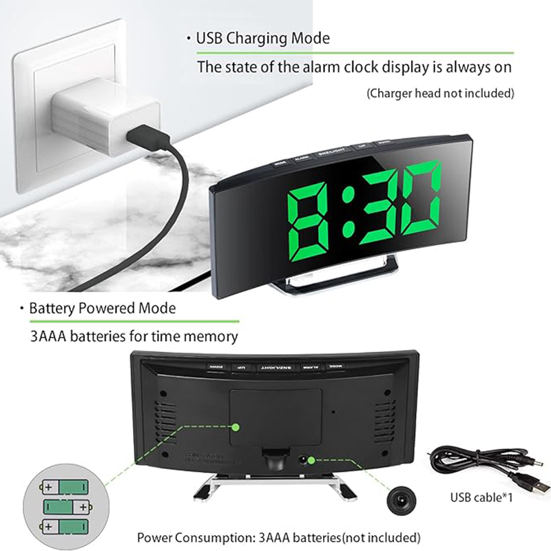 LED デジタル目覚まし時計曲面スクリーンミラー静音電子時計 - Electronics Gadgets For Home のレビューと価格